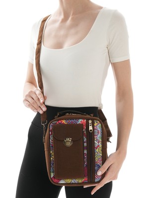 Missbag Iran Işi El Yapımı Etnik Desenli Süet Kahve Bohem Askılı Omuz Çantası