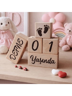 Fikir Store Fikirstore %100 Doğal Ahşap Anne Bebek Anı Küpleri 5'li Set Lazer Kazımalı-Isimlikli
