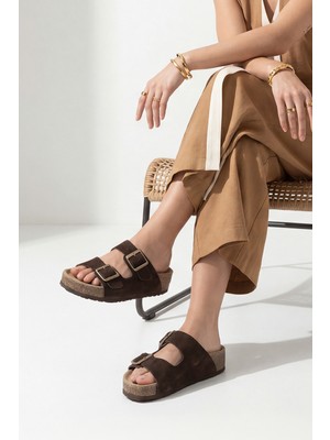 Marjin Kadın Hakiki Deri Çift Bantlı Mantar Yüksek Taban Günlük Terlik Digoza Kahve Süet