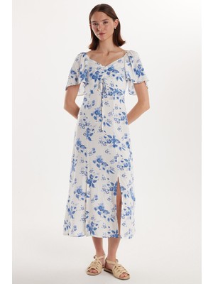 Tudors Kadın Standart Fit Bağlama Detaylı Desenli Viskon Yırtmaçlı Elbise