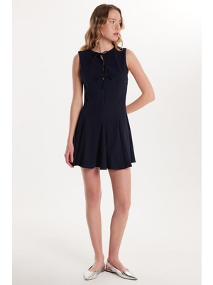 Tudors Kadın Regular Fit Klasik Kesim Boyun Bağlama Detaylı Mini lacivert Elbise