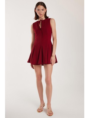 Tudors Kadın Regular Fit Klasik Kesim Boyun Bağlama Detaylı Mini Bordo Elbise