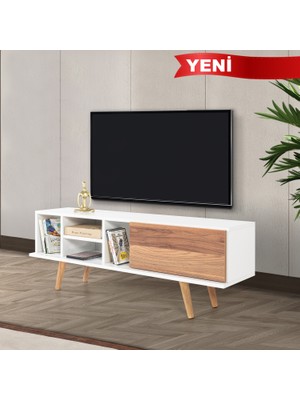 EVMO Home 3330 Ela Tv Ünitesi 130 cm ( Ahşap Ayaklı ) , Beyaz - Söğüt