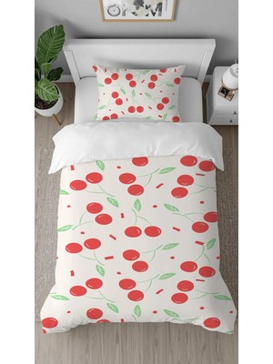 Greendecor Kiraz Vişne Meyve Bej Desenli Baskılı Özel Tasarımlı Çarşafsız Tek Kişilik Tarz Şık Nevresim Takımı