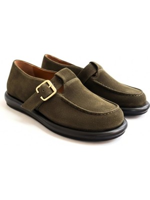 Ne&Ve Shoes Haki Süet Hakiki Deri Tokalı ve Lastikli Kadın Casual Ayakkabı