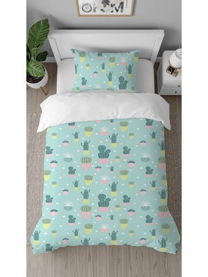 Greendecor Çiçek Kaktüs Yaprak Desenli Baskılı Özel Tasarımlı Çarşafsız Tek Kişilik Modern Şık Nevresim Takım