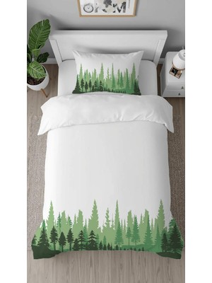 Greendecor Doğa Orman Çam Ağacı Desenli Baskılı Özel Tasarımlı Çarşafsız Tek Kişilik Tarz Şık Nevresim Takımı
