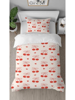 Greendecor Kiraz Vişne Meyve Bej Desenli Baskılı Özel Tasarımlı Çarşafsız Tek Kişilik Tarz Şık Nevresim Takımı