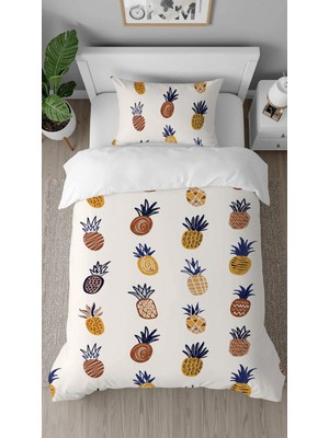 Greendecor Ananas Meyve Yaprak Desenli Baskılı Özel Tasarımlı Çarşafsız Tek Kişilik Modern Şık Nevresim Takım