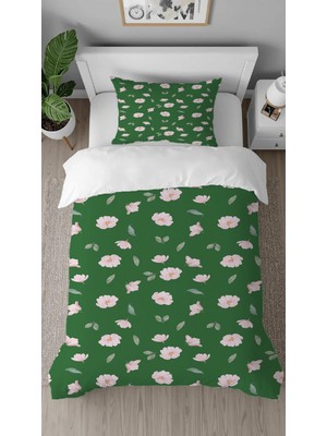 Greendecor Çiçek Yaprak Desenli Renkli Baskılı Özel Tasarımlı Çarşafsız Tek Kişilik Tarz Şık Nevresim Takımı