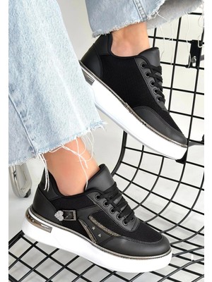 Mesga Butik Junda Siyah Cilt Bağcıklı Spor Ayakkabı