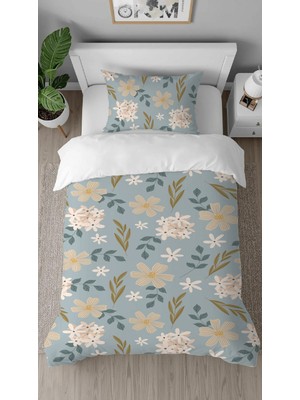 Greendecor Çiçekler Yapraklar Desenli Baskılı Özel Tasarımlı Çarşafsız Tek Kişilik Tarz Şık Nevresim Takım