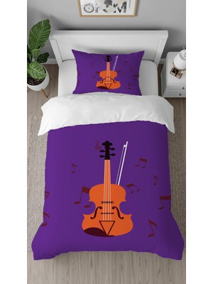 Greendecor Gitar Müzik Notaları Melodi Şarkı Desenli Baskılı Tasarımlı Çarşafsız Tek Kişilik Nevresim Takımı