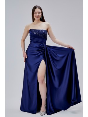 Asees Straplez Drapeli Boncuklu Saten Abiye Elbise