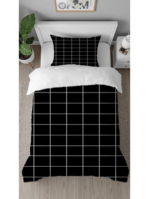 Greendecor Kare Geometrik Çizgi Desenli Baskılı Özel Tasarımlı Çarşafsız Tek Kişilik Tarz Şık Nevresim Takımı