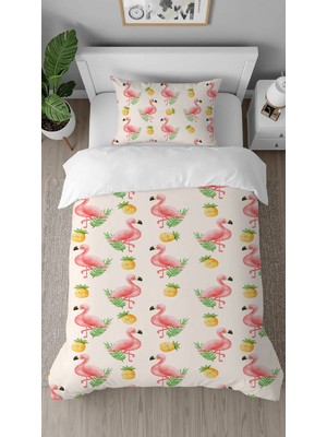 Greendecor Pembe Flamingo Ananas Desenli Baskılı Özel Tasarımlı Çarşafsız Tek Kişilik Modern Şık Nevresim Takım