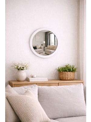 Digital Hayat 36 CM Doğal Beyaz Ahşap Çerçeveli Yuvarlak Ayna - Antre Hol Banyo Mutfak Salon Wc Aynası