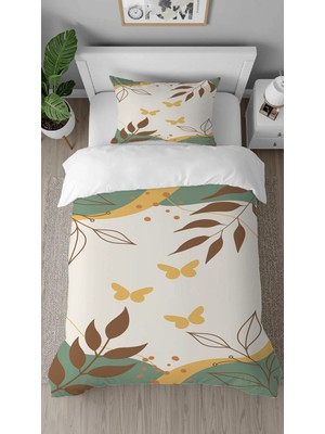 Greendecor Bohem Yaprak Pastel Desenli Baskılı Özel Tasarımlı Çarşafsız Tek Kişilik Şık Nevresim Takımı