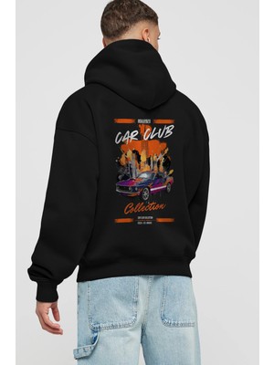 Ankhises Araba Club Serisi 23 Arka Baskılı Siyah Oversize Kapüşonlu Sweatshirt Erkek Kadın