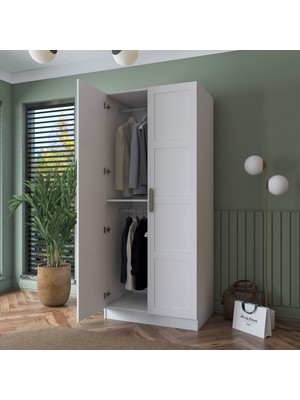 Rani BA187 Membran Kapaklı Gardırop Raflı 2 Askılı 2 Kapaklı Elbise Dolabı Beyaz