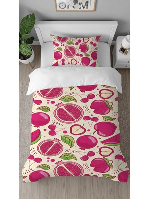 Greendecor Nar Kiraz Elma Meyve Desenli Baskılı Özel Tasarımlı Çarşafsız Tek Kişilik Modern Şık Nevresim Takım