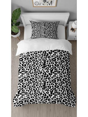 Greendecor Leopar Siyah Beyaz Desenli Baskılı Özel Tasarımlı Çarşafsız Tek Kişilik Tarz Şık Nevresim Takımı