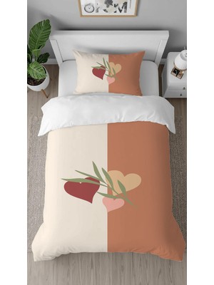 Greendecor Kalp Yaprak Sade Pastel Bej Desenli Baskılı Özel Tasarımlı Çarşafsız Tek Kişilik Şık Nevresim Takımı