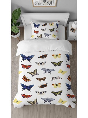 Greendecor Kelebekler Desenli Baskılı Özel Tasarım Çarşafsız Tek Kişilik Modern Beyaz Tarz Şık Nevresim Takım