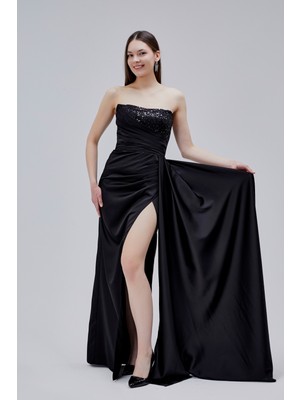 Asees Straplez Drapeli Boncuklu Saten Abiye Elbise