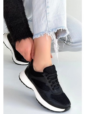Mesga Butik Slar Siyah Cilt Simli Bağcıklı Spor Ayakkabı
