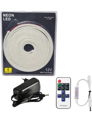 Powerr Led Aydınlatma 5 Metre 12 Volt 6X12 mm Esnek Neon 4000K Naturel Beyaz LED  12A Tek Renk Kumandalı Rf Dimmer 3A Plastik Adaptör Set