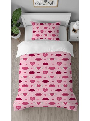 Greendecor Kalp Öpücük Aşk Desenli Baskılı Özel Tasarımlı Çarşafsız Tek Kişilik Modern Şık Nevresim Takım
