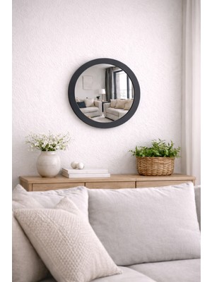 Digital Hayat 36 CM Doğal Antrasit Ahşap Çerçeveli Yuvarlak Ayna - Antre Hol Banyo Mutfak Salon Wc Aynası