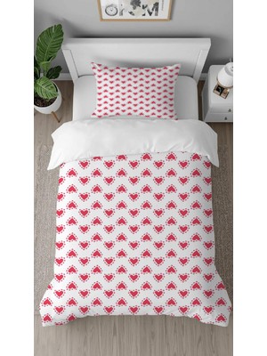 Greendecor Kalp Aşk Sevgi Mutluluk Pembe Desenli Baskılı Özel Tasarımlı Çarşafsız Tek Kişilik Nevresim Takımı