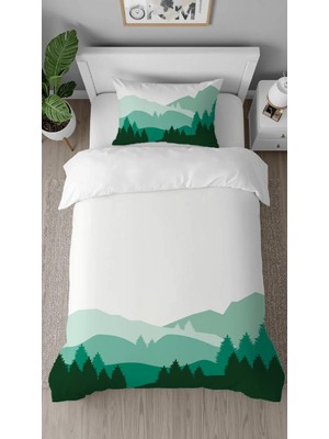 Greendecor Doğa Orman Çam Ağacı Desenli Baskılı Özel Tasarımlı Çarşafsız Tek Kişilik Tarz Şık Nevresim Takımı