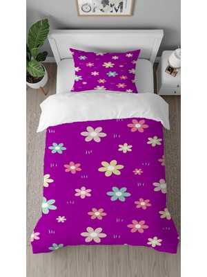 Greendecor Papatya Çiçek Mor Renkli Desenli Baskılı Özel Tasarımlı Çarşafsız Tek Kişilik Şık Nevresim Takımı