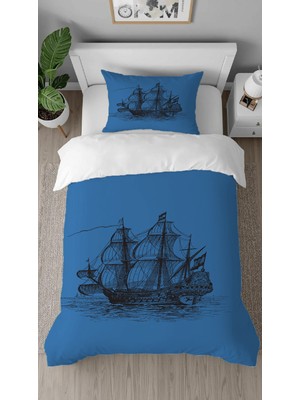 Greendecor Gemi Deniz Okyanus Lacivert Desenli Baskılı Özel Tasarımlı Çarşafsız Tek Kişilik Nevresim Takımı