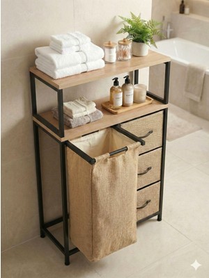 Miyuhome Jüt Kumaşlı 3 Çekmeceli Metal Kızaklı Çamaşır Sepeti 40 Lt Kirli Sepeti 2 Raflı Banyo Dolabı