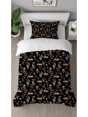 Greendecor Çiçekler Yapraklar Siyah Desenli Baskılı Özel Tasarım Çarşafsız Tek Kişilik Tarz Şık Nevresim Takım