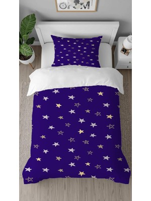 Greendecor Yıldızlar Lacivert Desenli Baskılı Özel Tasarımlı Çarşafsız Tek Kişilik Şık Tarz Nevresim Takımı