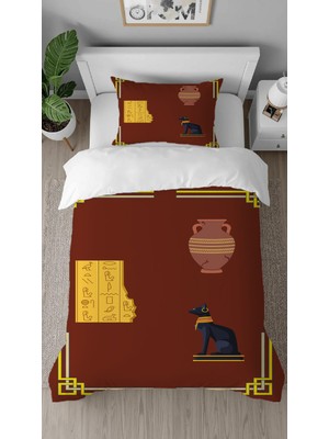 Greendecor Antik Mısır Altın Vazo Kedi Desenli Baskılı Özel Tasarımlı Çarşafsız Tek Kişilik Şık Nevresim Takımı