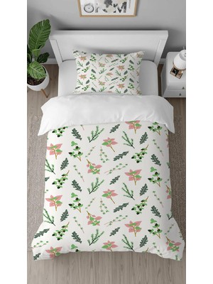 Greendecor Yaprak Sade Beyaz Yeşil Desenli Baskılı Özel Tasarım Çarşafsız Tek Kişilik Tarz Şık Nevresim Takımı