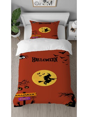 Greendecor Halloween Party Cadı Desenli Baskılı Özel Tasarımlı Çarşafsız Tek Kişilik Tarz Şık Nevresim Takımı
