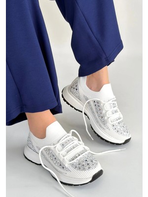 Mesga Butik Ceas Beyaz Triko Bağcıklı Spor Ayakkabı