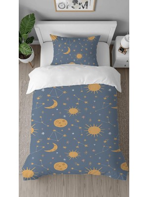 Greendecor Uzay Yıldız Ay Gezegen Desenli Baskılı Özel Tasarımlı Çarşafsız Tarz Şık Tek Kişilik Nevresim Takım