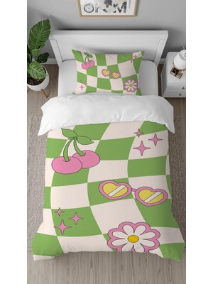 Greendecor Papatya Kiraz Yıldız Hippi Deseneli Dijital Tasarımlı Baskılı Çarşafsız Tek Kişilik Nevresim Takımı