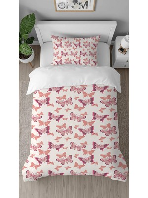 Greendecor Kelebek Pembe Desenli Baskılı Özel Tasarımlı Çarşafsız Tek Kişilik Modern Tarz Şık Nevresim Takım
