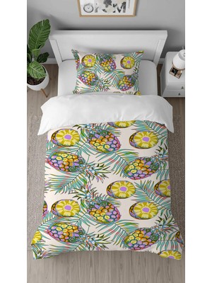 Greendecor Ananas Meyve Desenli Baskılı Özel Tasarımlı Çarşafsız Tek Kişilik Renkli Tarz Şık Nevresim Takım