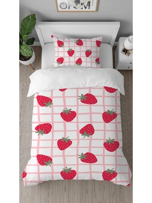 Greendecor Çilek Meyve Pembe Kare Desenli Baskılı Özel Tasarımlı Çarşafsız Tek Kişilik Tarz Şık Nevresim Takımı