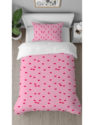 Greendecor Aşk Kalp Pembe Çiçek Deseneli Dijital Tasarımlı Baskılı Çarşafsız Şık Tek Kişilik Nevresim Takımı